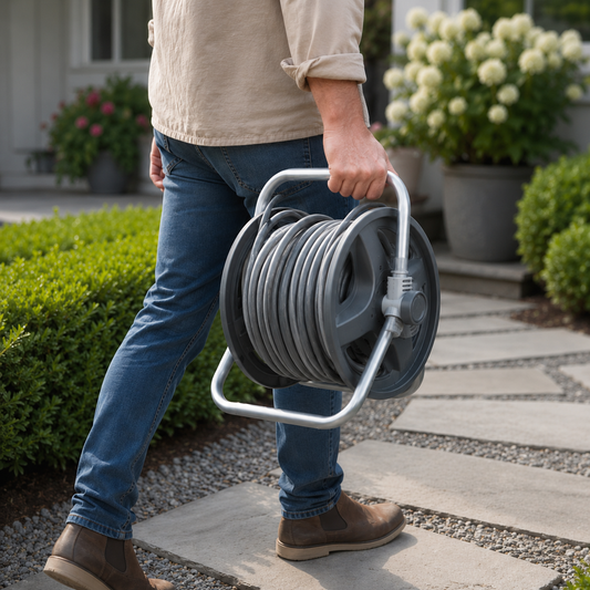 Person carrying a garden hose reel outdoors on a stone path.