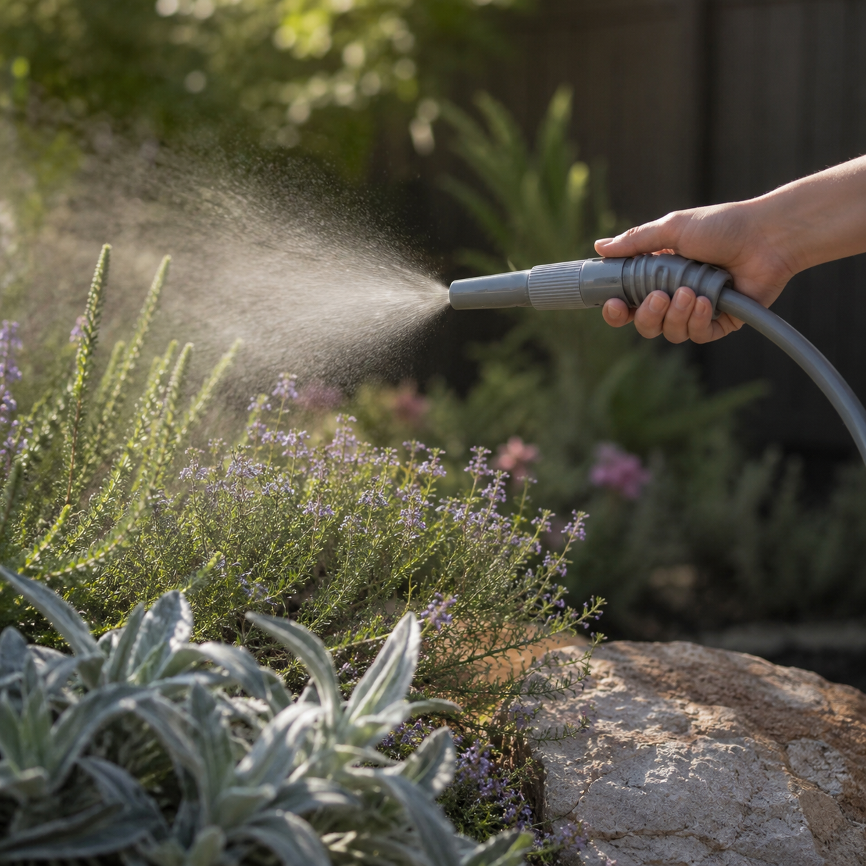 Person watering plants with a hose in a garden setting