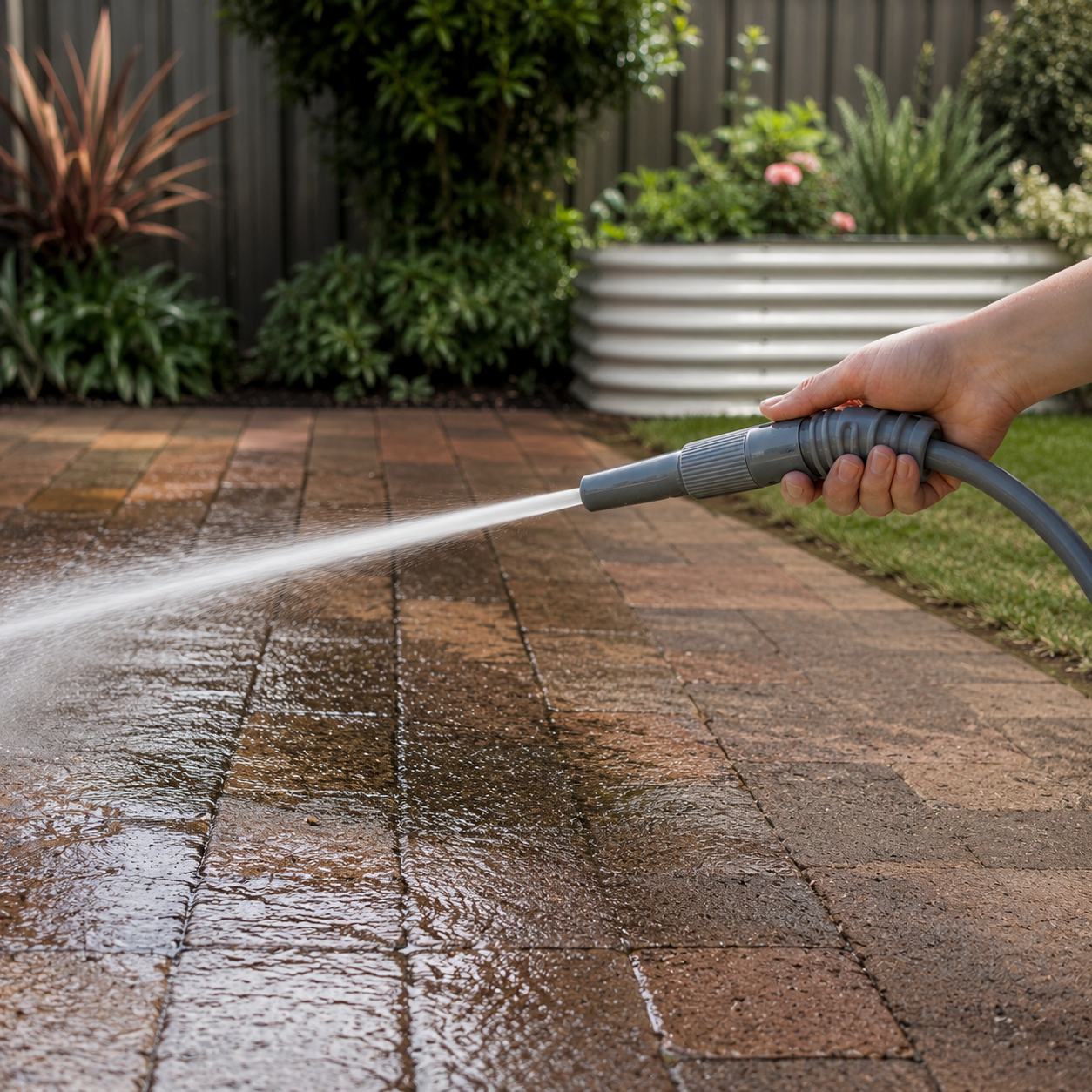 Person cleaning a brick patio with a hose