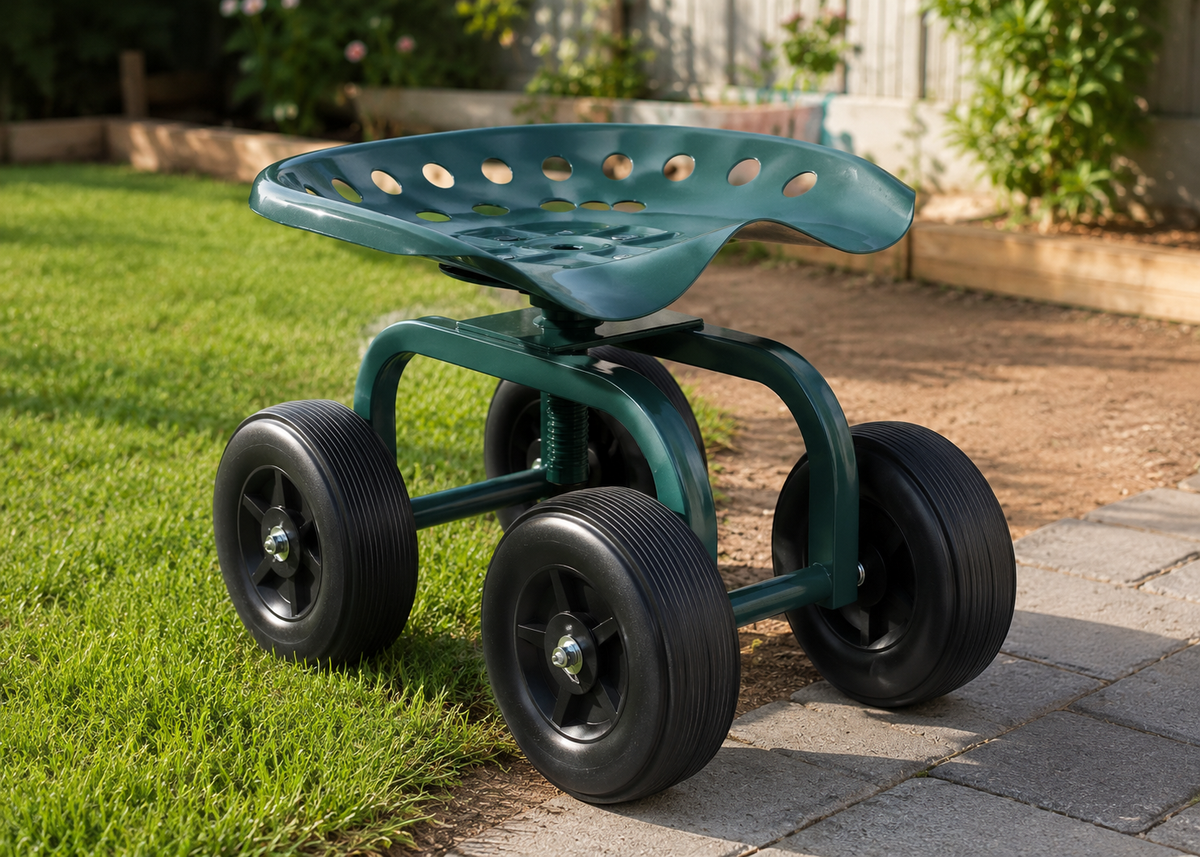 A green wheeled garden seat with a perforated seat, positioned on a paved path next to a green grass lawn.