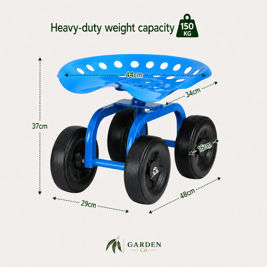 Blue garden kneeler with black wheels, showing dimensions (37cm height, 44cm seat width, 34cm rear width, 29cm front wheel width, 48cm rear wheel width) and a 150 kg weight capacity graphic on a light beige background.