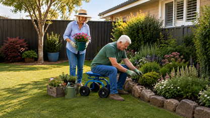 An older couple gardening in a sunny backyard. The man sits on a blue three-wheeled utility cart while planting a shrub in a stone-edged garden bed, and the woman stands nearby holding a green planter with pink flowers.