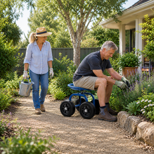 A man uses a blue garden kneeling wheelchair to tend plants in a garden bed while a woman walks behind him carrying a watering can in a sunny backyard garden setting.