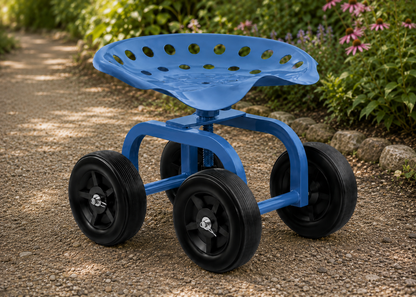 A blue wheeled garden stool with a perforated seat and black wheels, shown on a gravel path in a garden setting.