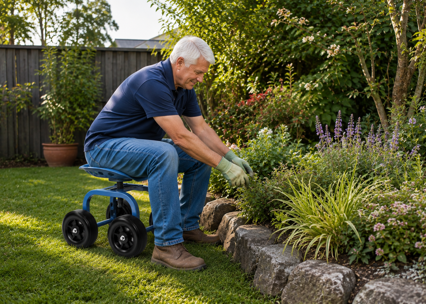 A man with white hair gardening in a backyard garden bed while sitting on a blue and black wheeled garden chair.