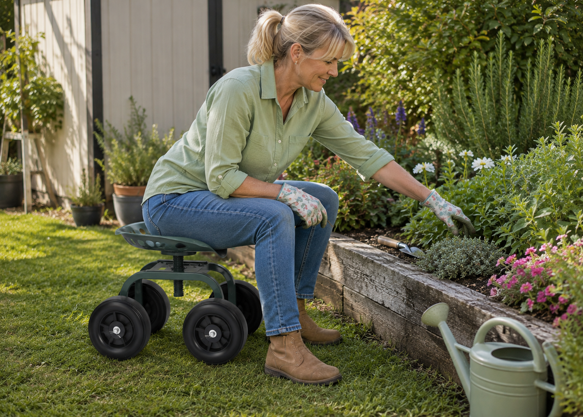 A woman gardening in a raised garden bed while seated on a green wheeled garden chair. She is wearing a light green shirt, blue jeans, and brown boots, with gardening gloves and a watering can nearby on a grassy lawn.