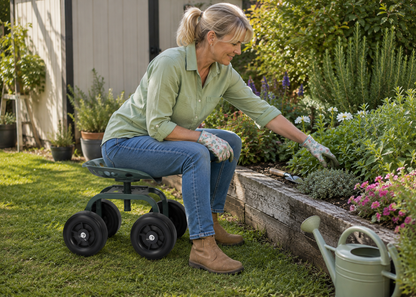A woman gardening in a raised garden bed while seated on a green wheeled garden chair. She is wearing a light green shirt, blue jeans, and brown boots, with gardening gloves and a watering can nearby on a grassy lawn.
