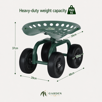 A green wheeled garden seat with dimension labels showing height, width, and depth measurements, plus a weight badge reading 150 kg, on a light beige background. Garden Co logo appears at the bottom.