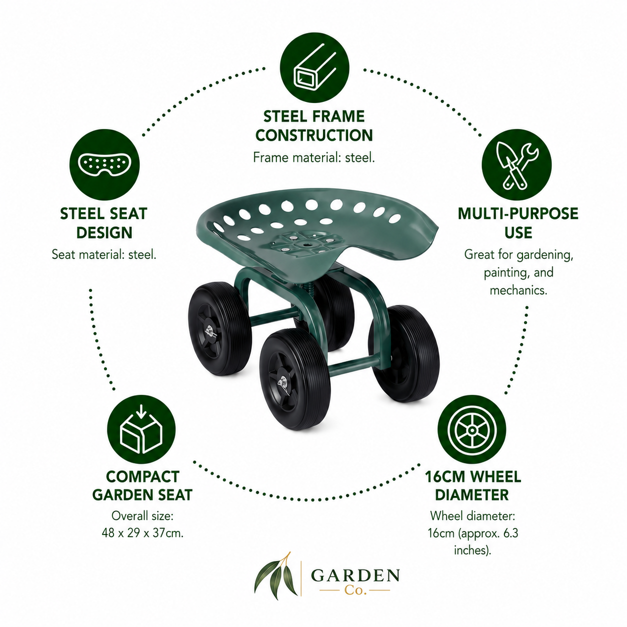 Rolling Garden Seat with 5 Features on a white background with the Garden Co logo