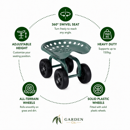 Rolling Garden Seat with 5 Features on a white background with the Garden Co logo