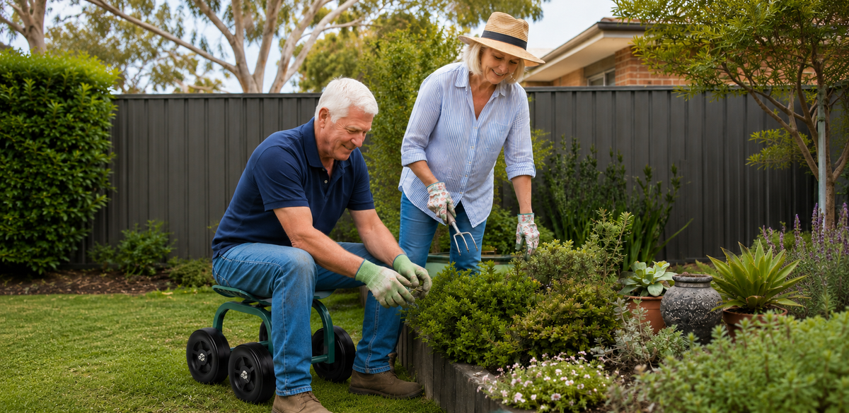 An older man and woman gardening in a backyard. The man is sitting on a green wheeled garden seat, wearing a navy blue polo shirt, jeans, and green gloves while planting a shrub.