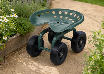 A green metal garden seat with four black wheels, positioned on a gravel path in a garden setting.