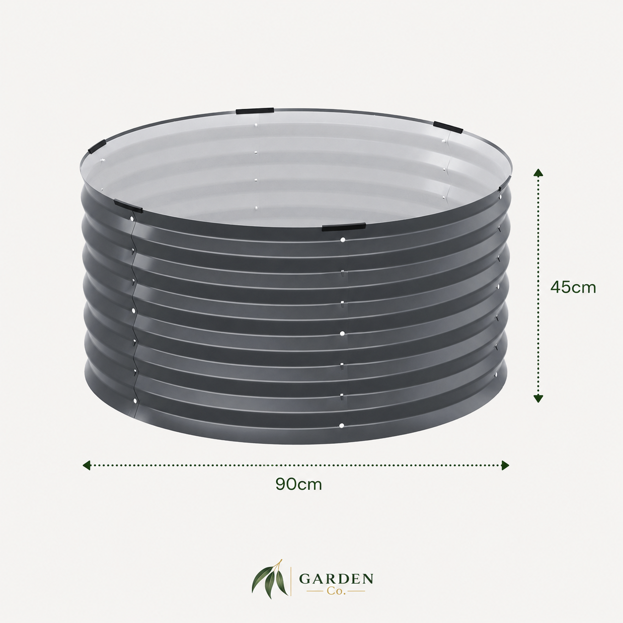 A dark gray corrugated metal raised garden bed shown on a light gray background with dimension lines indicating a width of 90cm and a height of 45cm, with the Garden Design Co logo at the bottom.