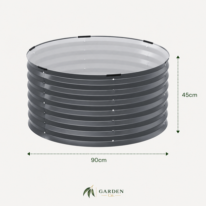 A dark gray corrugated metal raised garden bed shown on a light gray background with dimension lines indicating a width of 90cm and a height of 45cm, with the Garden Design Co logo at the bottom.