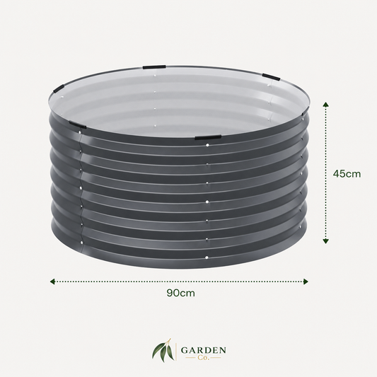 A dark gray corrugated metal raised garden bed shown on a light gray background with dimension lines indicating a width of 90cm and a height of 45cm, with the Garden Design Co logo at the bottom.