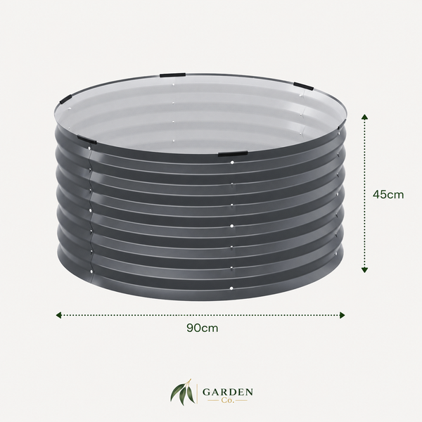 A dark gray corrugated metal raised garden bed shown on a light gray background with dimension lines indicating a width of 90cm and a height of 45cm, with the Garden Design Co logo at the bottom.