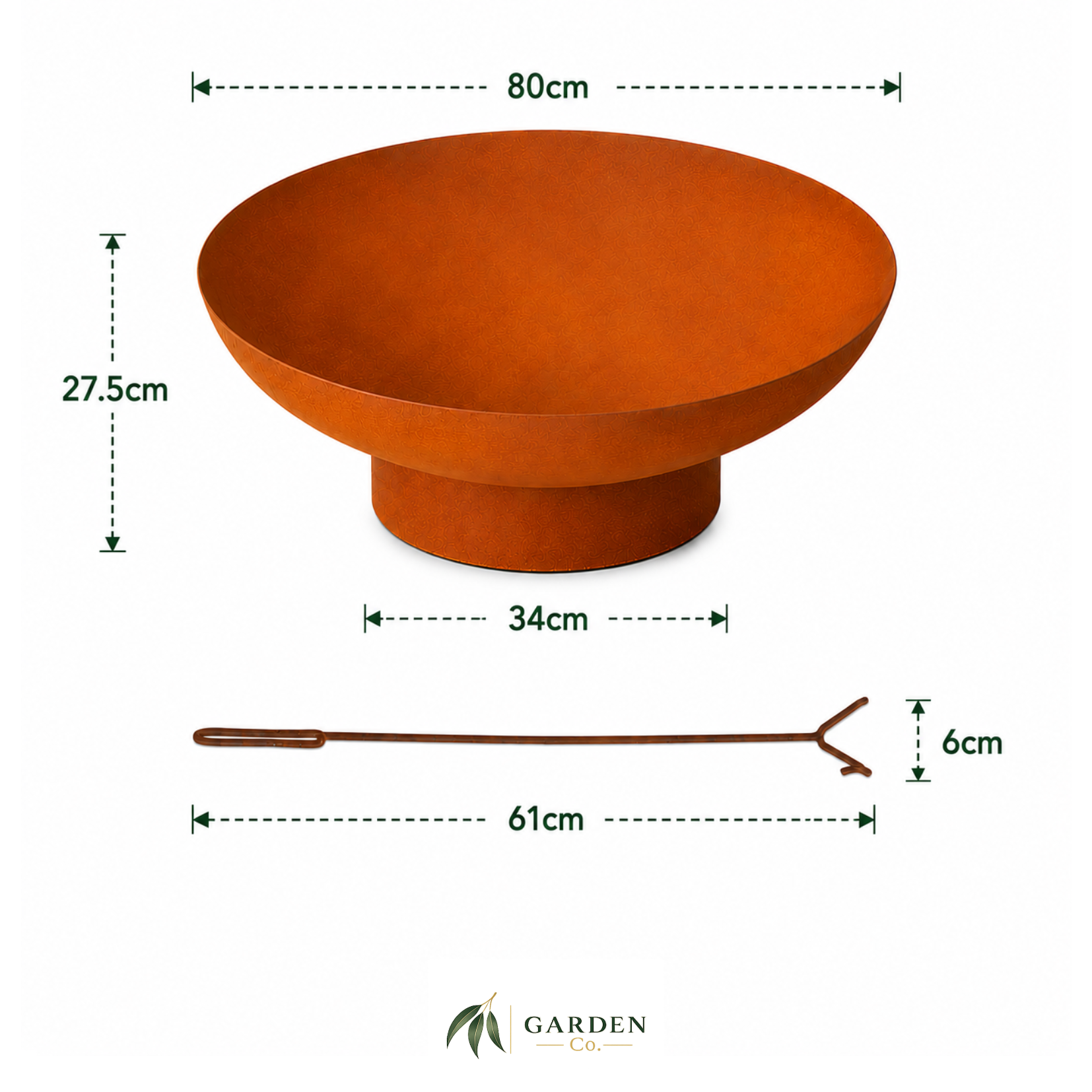 Rustic 80cm Outdoor Fire Pit with dimensions of a fire pit and accessories on a white background