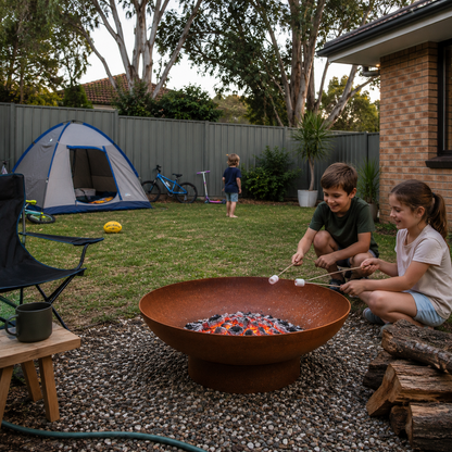 Rustic 80cm Outdoor Fire Pit - Children roasting marshmallows over a fire pit in a backyard with a tent and outdoor furniture.