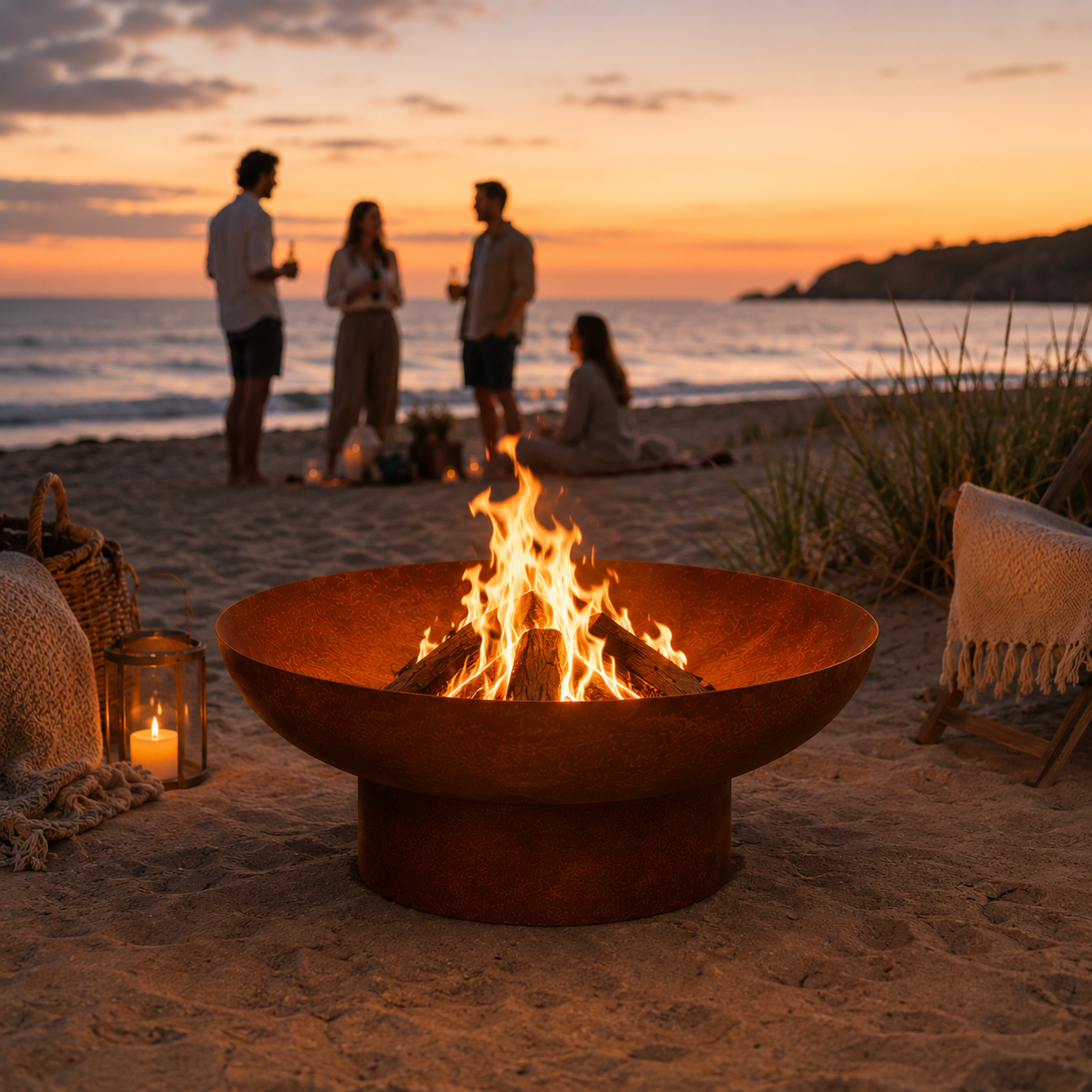 Rustic Cast Iron Fire Pit 70cm – people gathered around fire pit on a beach at sunset