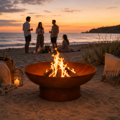Rustic Cast Iron Fire Pit 70cm – people gathered around fire pit on a beach at sunset