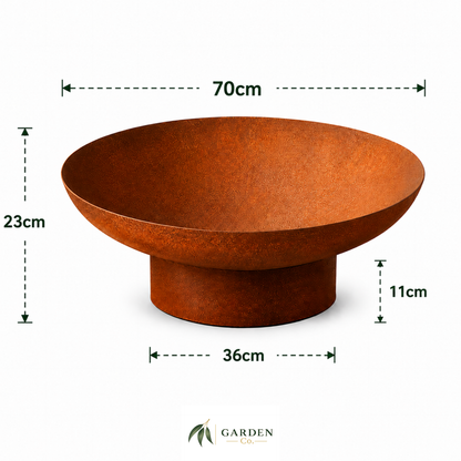 Rustic cast iron fire pit 70cm with dimensions on a white background