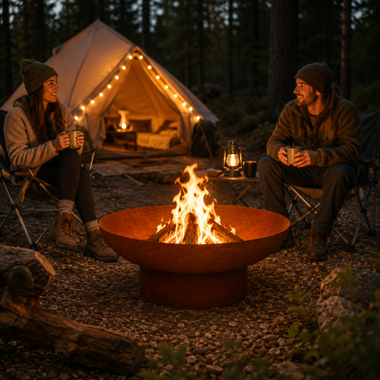 Rustic Cast Iron Fire Pit 70cm – two people sitting by a campfire with tent in background