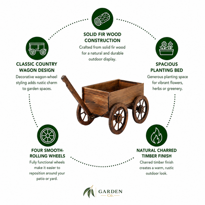 Wooden garden cart with features highlighted on a white background
