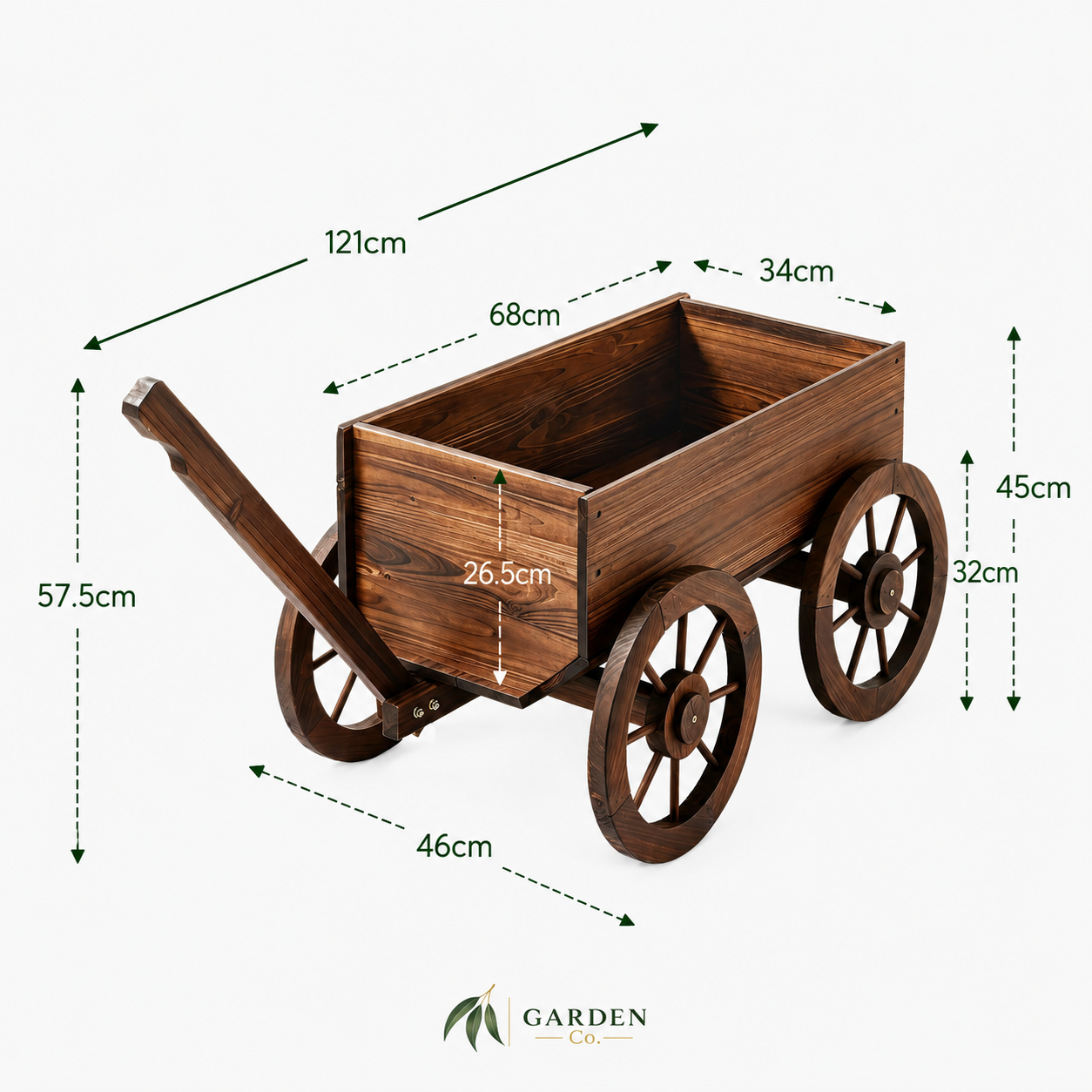 Wooden cart with dimensions labeled on a white background, featuring the Garden Co logo.