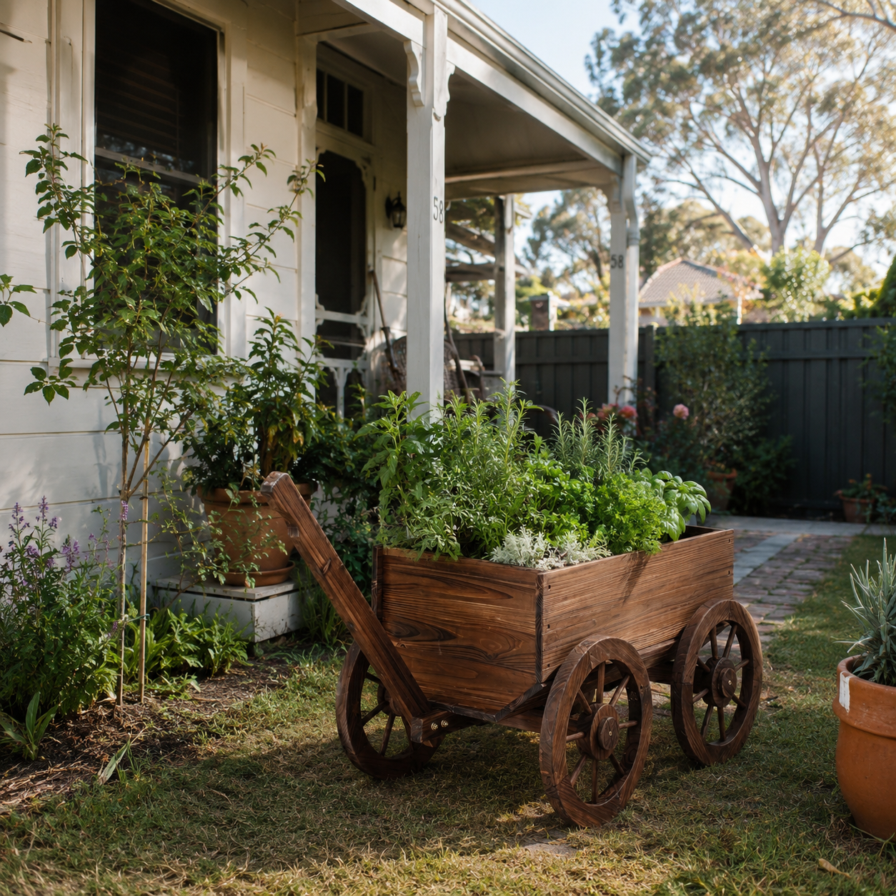 Wooden planter with plants in front of a house