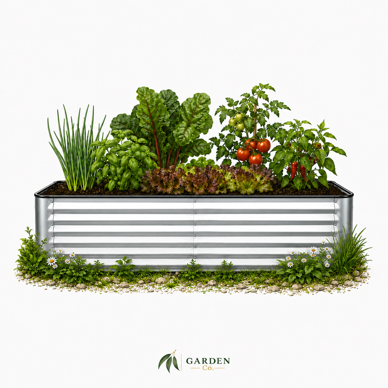 Image of a silver rectangular garden bed with vegetables.