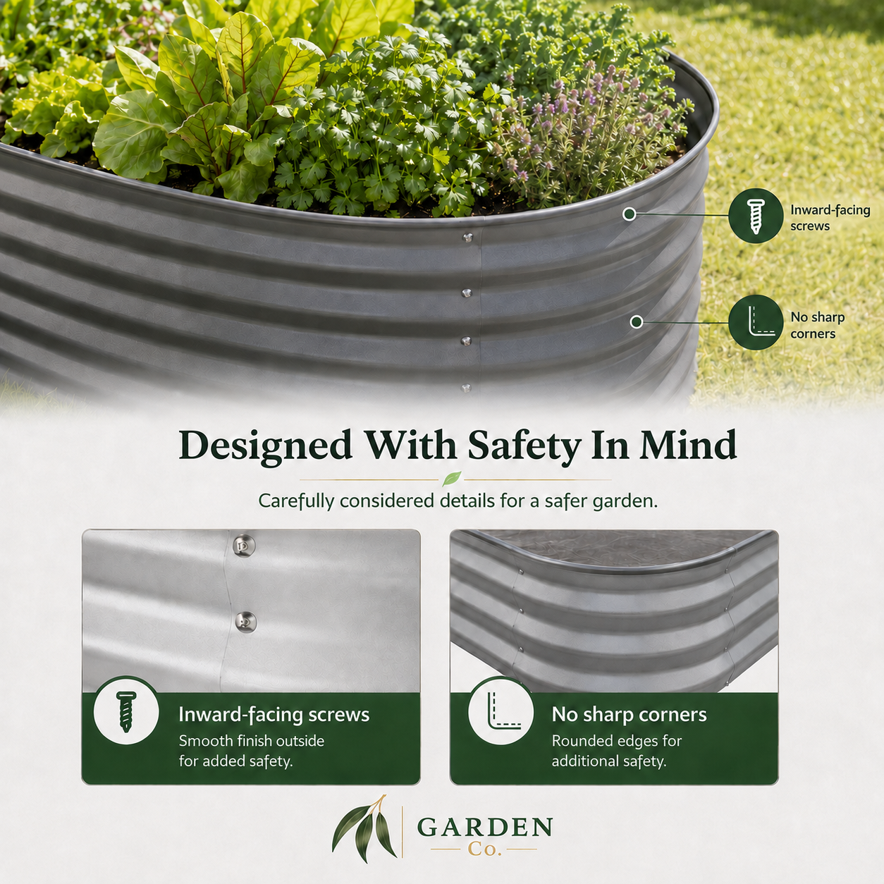 A galvanized corrugated planter box filled with green plants, shown outdoors on grass with callout labels pointing to inward-facing screws and rounded corners, plus marketing text and a Garden Co. logo.