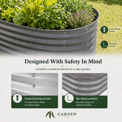 A galvanized corrugated planter box filled with green plants, shown outdoors on grass with callout labels pointing to inward-facing screws and rounded corners, plus marketing text and a Garden Co. logo.