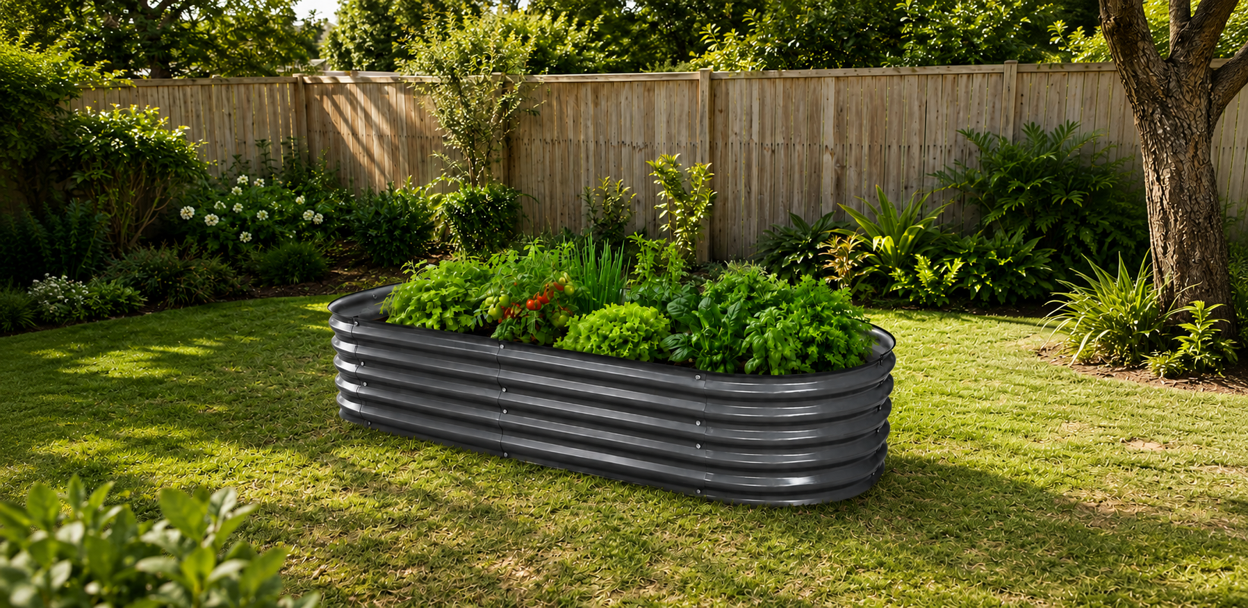 A dark gray corrugated metal raised garden bed filled with green plants, situated on a grassy lawn in a backyard with a wooden fence and trees.