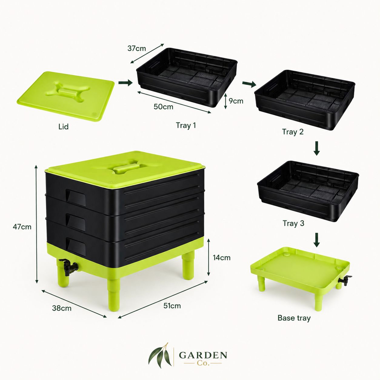 Measurements of small rectangular worm farm on a white background