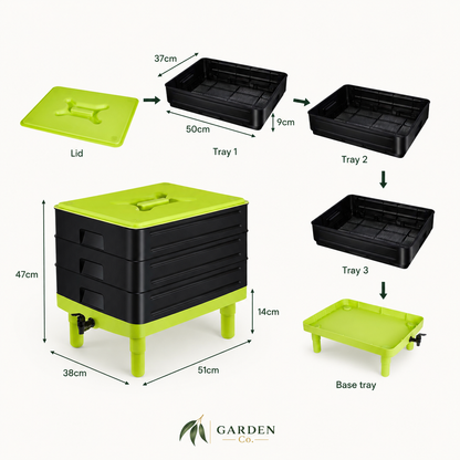 Measurements of small rectangular worm farm on a white background