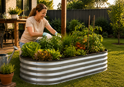 A woman gardening in a corrugated metal raised garden bed filled with leafy greens, herbs, and tomato plants in a backyard garden.
