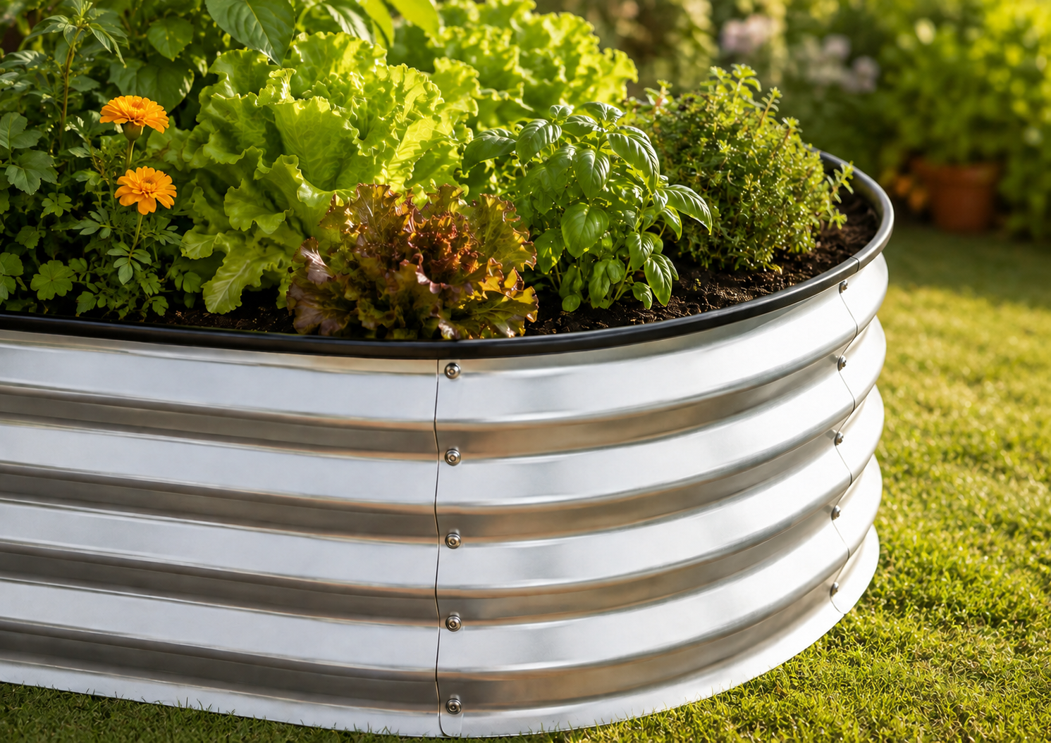 A round galvanized metal raised garden bed filled with green lettuce, herbs, and orange marigold flowers, set on a grassy lawn in a sunny outdoor garden.