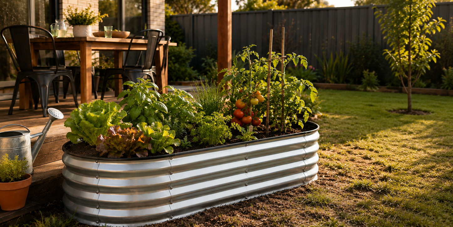 A corrugated galvanized metal raised garden bed filled with leafy greens, tomato plants, and other garden plants, situated in a sunny backyard next to a wooden deck and lawn.