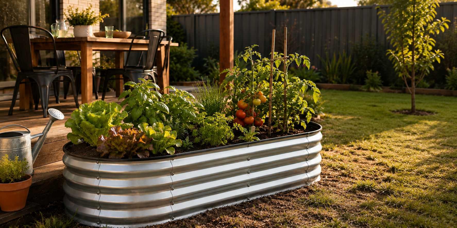 A corrugated galvanized metal raised garden bed filled with leafy greens, tomato plants, and other garden plants, situated in a sunny backyard next to a wooden deck and lawn.