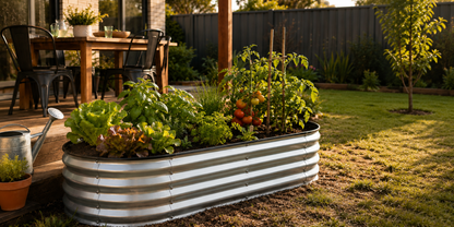 A corrugated galvanized metal raised garden bed filled with leafy greens, tomato plants, and other garden plants, situated in a sunny backyard next to a wooden deck and lawn.
