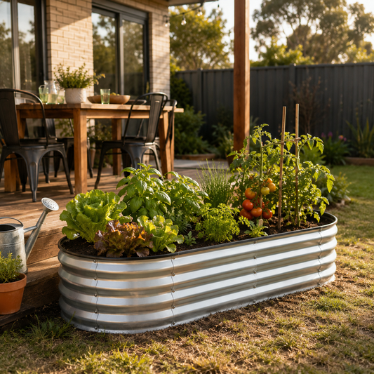 A galvanized corrugated metal raised garden bed filled with green lettuce, herbs, and tomato plants, situated on a grassy lawn next to a wooden deck in a backyard setting.
