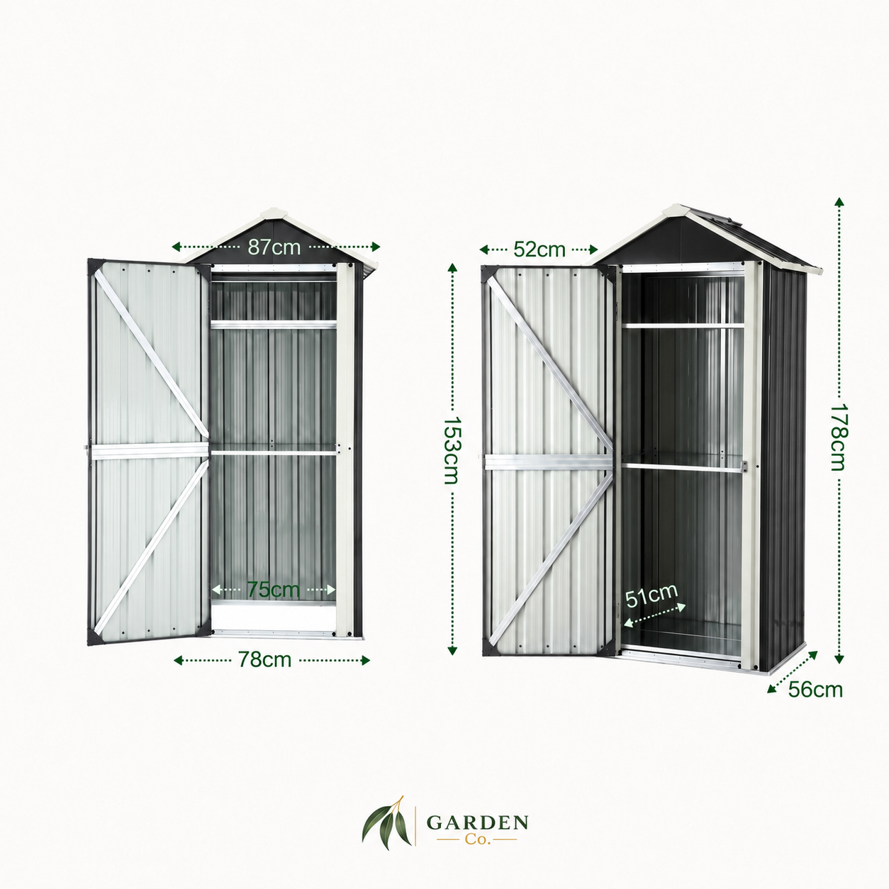Dimensions of a garden shed with clear glass panels on a white background