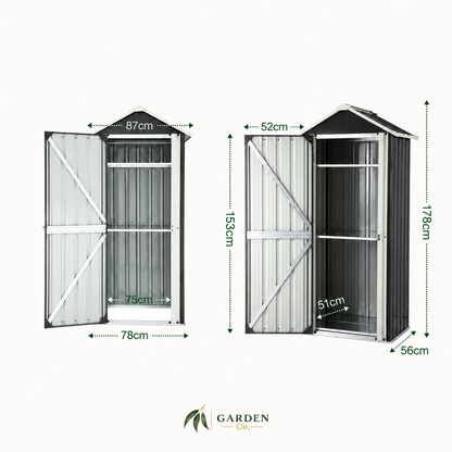 Dimensions of a garden shed with clear glass panels on a white background