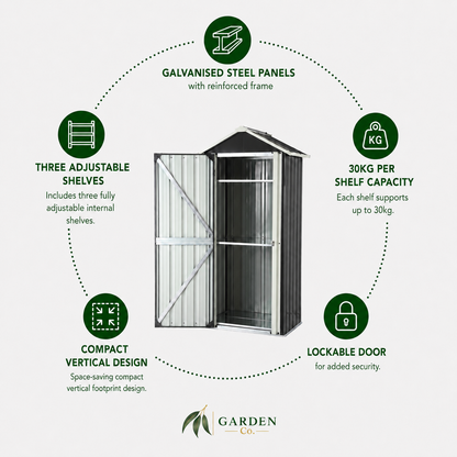 Garden shed with features listed around it on a white background