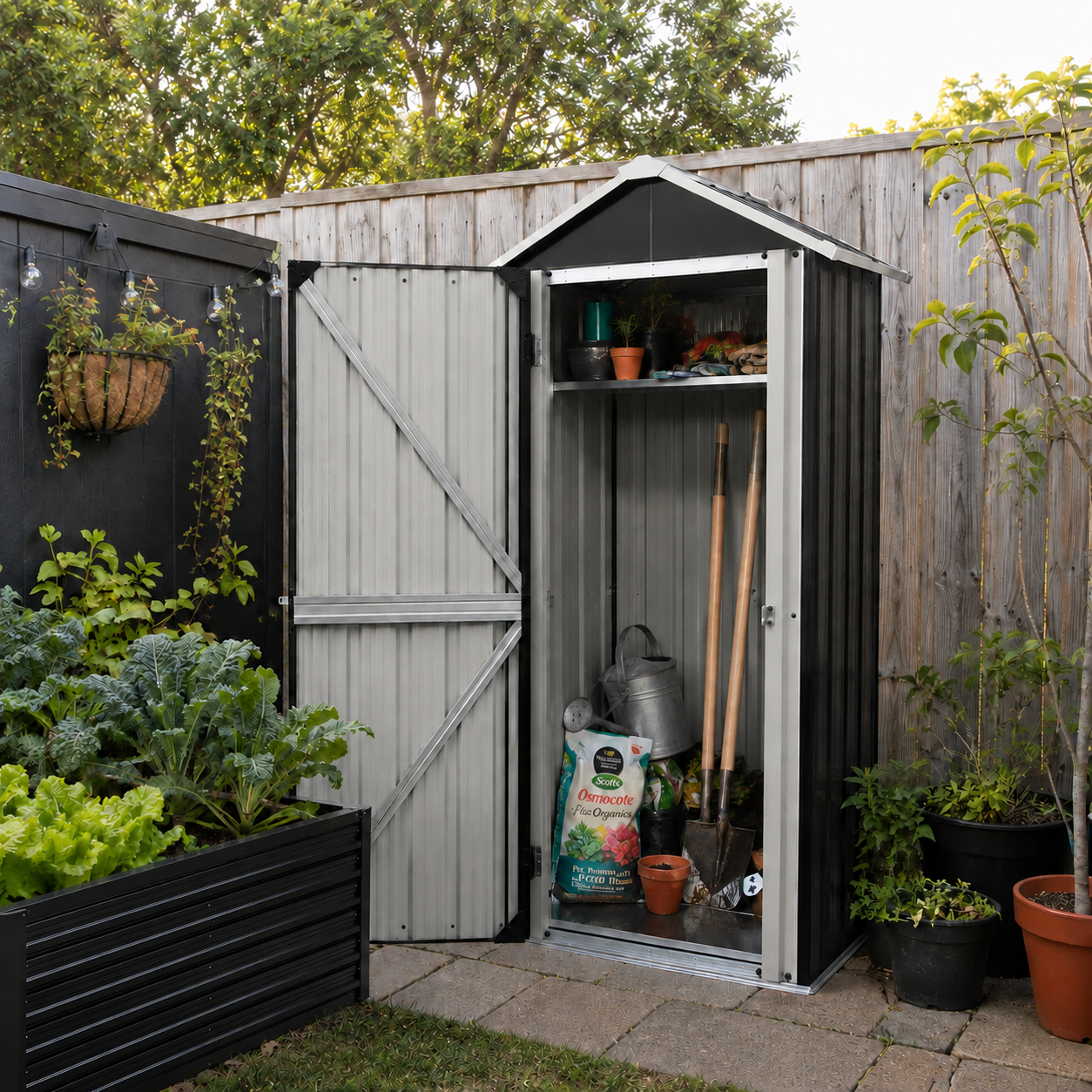 Garden shed with tools and plants in a backyard setting