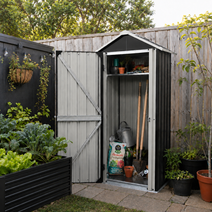 Garden shed with tools and plants in a backyard setting