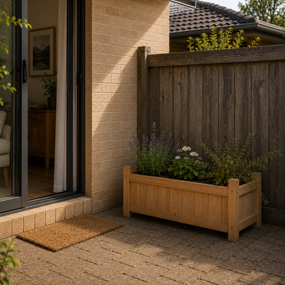 Small Wooden Garden Bed with plants on a patio area next to a house.