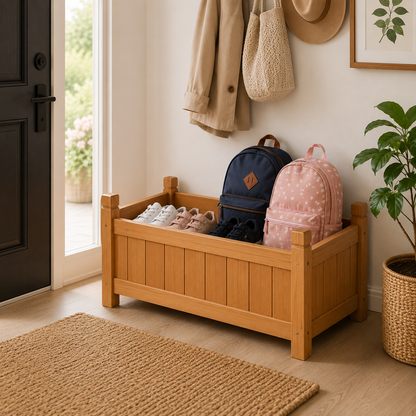 Small Wooden Raised Garden Bed used as a wooden storage bench in a room with shoes, bags, and coats.