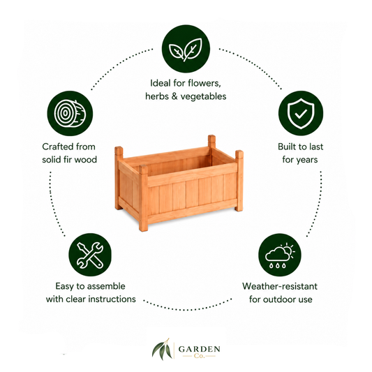 Small Wooden Raised Garden Bed with green icons and text highlighting features on a white background.