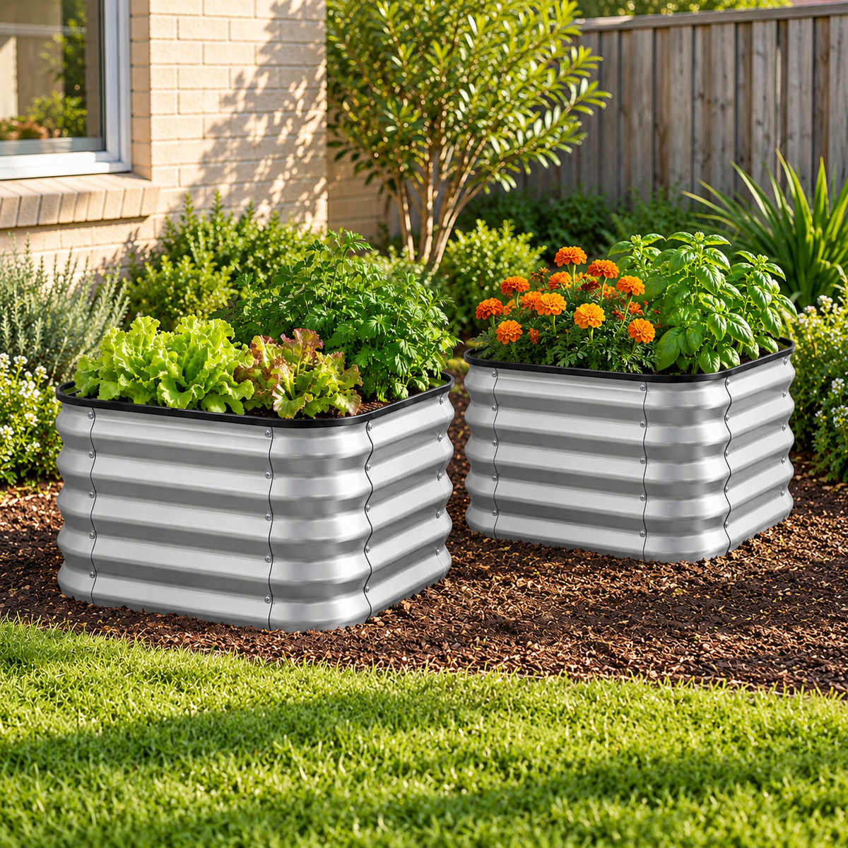 Two corrugated metal raised garden beds filled with green leafy plants and orange flowers, placed on mulch in a backyard garden next to a house and fence.